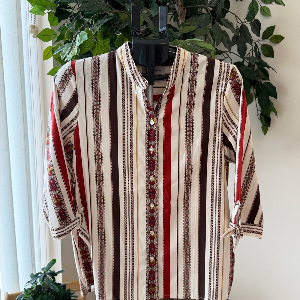 Allison Daley Cream, Brown & Red Striped Button-Down Tunic